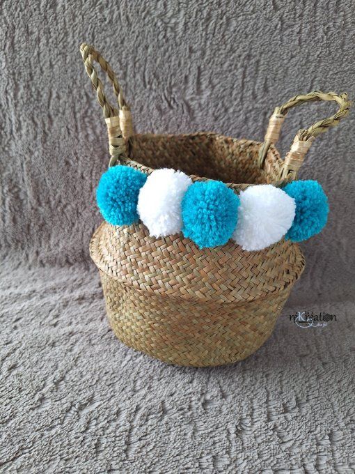 Panière Pompons Bleu Turquoise